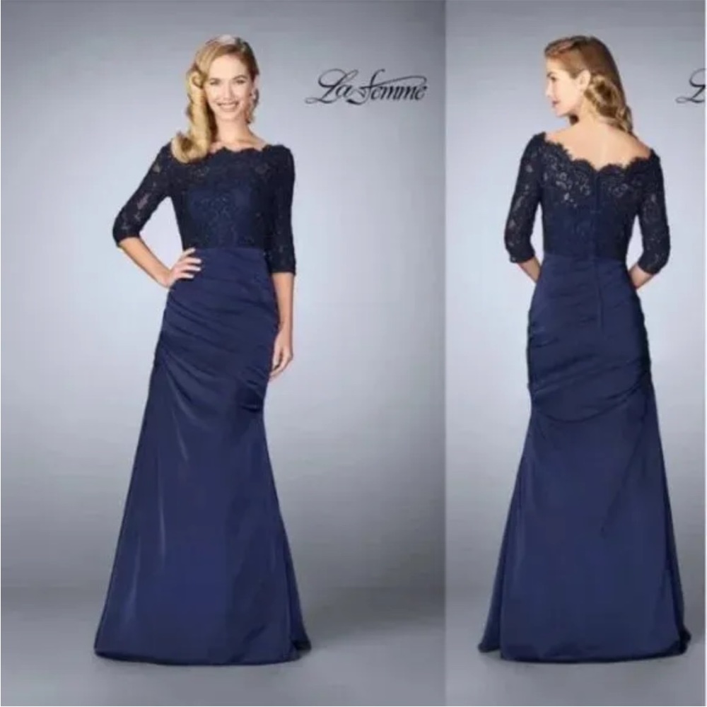 La Femme Off-Shoulder Ruched Mermaid Gown Navy size 12